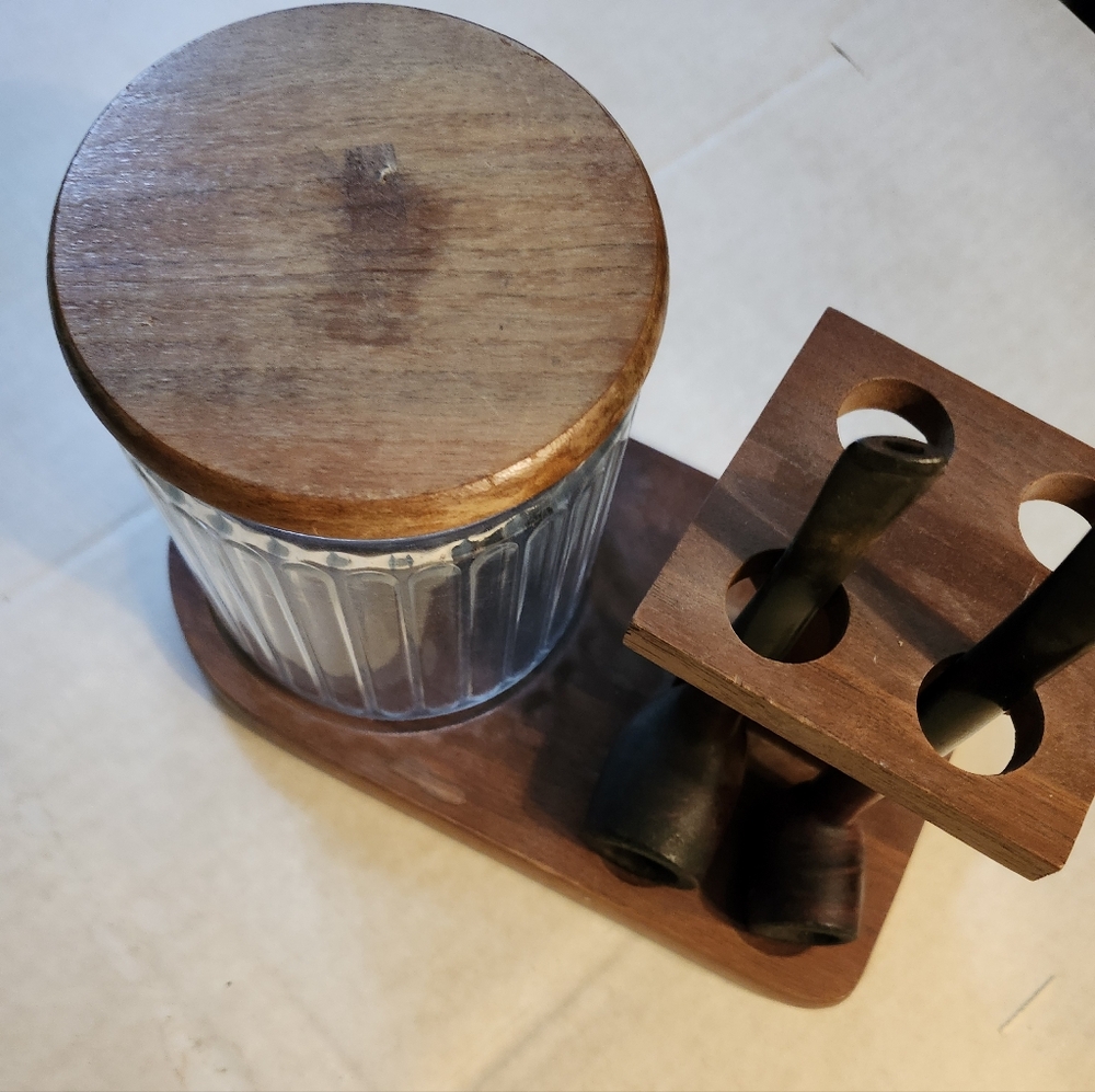 American Vintage Brown Wooden Pipe Holder with Glass Jar